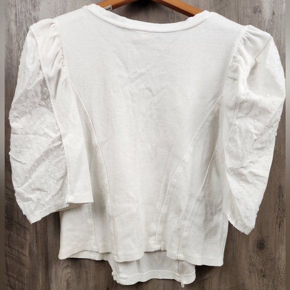 By Anthropologie Puff-Sleeve Structured V-Neck Tee Blouse Top in White Size LG - Picture 12 of 12